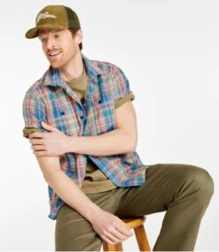 L.L.Bean Men's Rugged Linen Blend Shirt, Short-Sleeve, Plaid, Traditional Untucked Fit -L.L.Bean 517886 0 46